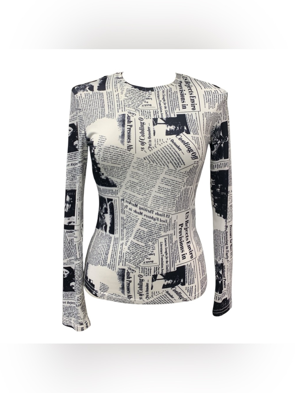 Newspaper Print Long Sleeve Tee - Black & White Size S
